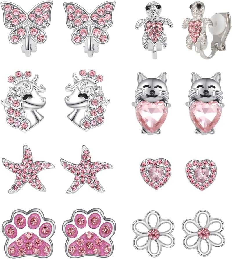 VANGETIMI 8 Pairs Clip on/Stud Earrings for Girls kids Hypoallergenic Cute Clip-on Earrings for Childrens Toddler Teen Unicorn Butterfly Turtle CZ Clip Stud Earrings Pink Jewelry Gift 3 Years Old+ - Image 1